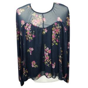 Indigo Rein Floral Sheer Blouse - Navy and Pink